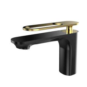 Momali Basin Mixer Tap, Brass Body and Zinc Handle, Ceramic Cartridge, with Aerator, Black with Gold Color, Mounting Set and Two Flexible Connections Included 109352783 - Nonbrand Faucet