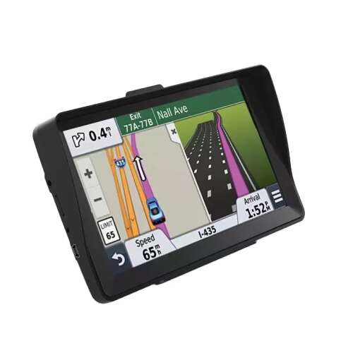 GPS navigator with 7 inch touchscreen, showing navigation route on the screen
