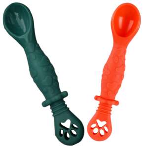 2er Set StartONTeam Silikon-Bablöffel, grün und orange, mit Pfotenabdruck-Design - Füttern
