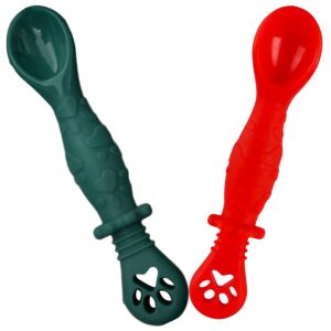 2 pc Silicone Baby Spoon Set for Feeding and Diversification for 4-24 Month Old Infants, Green and Red
