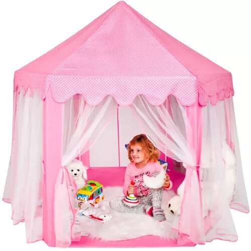 Kruzzel pink play tent for kids, with a child playing inside