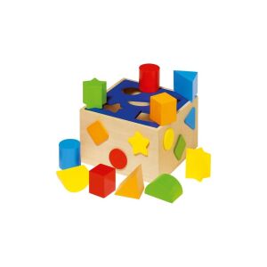 Formakereső fa formaválogató játék kisgyermekeknek, formaillesztő kocka - Goki