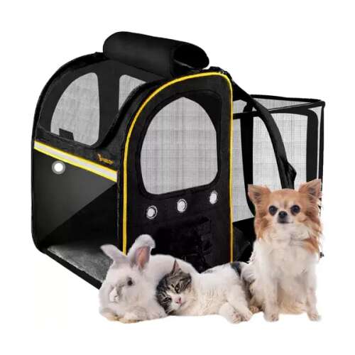 Purlov 23185 pet carrier backpack with a terrace for transporting animals, black with yellow accents, showing a cat, a rabbit and a chihuahua