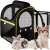 Purlov 23185 pet carrier backpack with a terrace for transporting animals, black with yellow accents, showing a cat, a rabbit and a chihuahua
