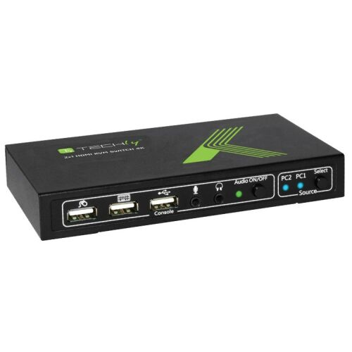 Techly 2x1 USB HDMI KVM Switch 4Kx2K, ukošeni prednji pogled