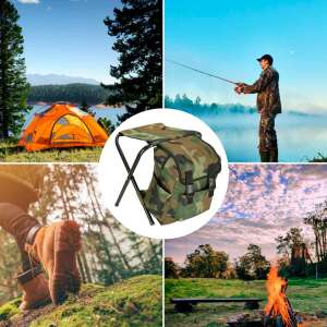 Collage showing a camo backpack chair in use for fishing, camping, and hiking - Fishing Chair & Armchair