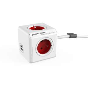 Allocacoc PowerCube Original 4-es elosztó 2 USB porttal, fehér és piros - Allocacoc