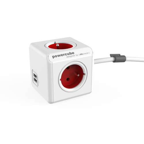 Allocacoc PowerCube Original 4-fach Steckdosenleiste mit 2 USB-Anschlüssen, weiß und rot