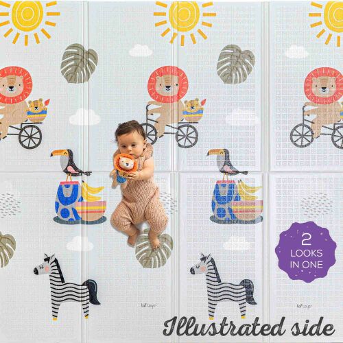 Taf Toys Savannah XL Play Mat with baby playing on illustrated side. Large, foldable, and padded baby playmat for tummy time and development.