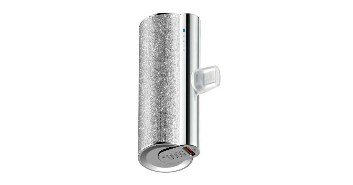 VEGER PlugOn - silver glitter power bank with integrated Type-C (USB-C) connector, 5000mAh, LED display 96118450