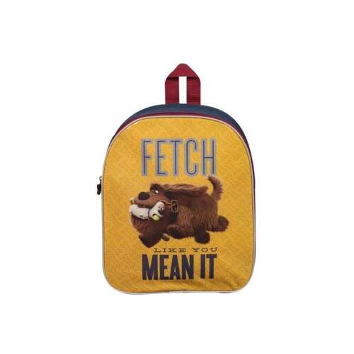 A Kis Kedvencek Titkos Élete Fetch hátizsák gyerekeknek, sárga barna kutyás képpel, piros és kék díszítéssel