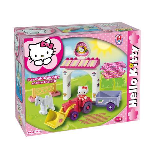 Hello Kitty Farm Bauklötze-Set, 18 Teile, enthält Hello Kitty und Pferdefigur, Traktor mit Anhänger und Schaufel, kompatibel mit Lego Duplo und Mega Blocks