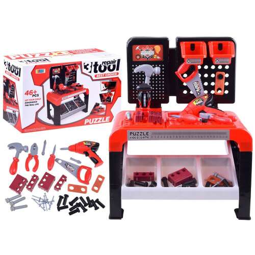 Kids toy workbench with tools, red and black plastic, 46 pieces, includes hammer, screwdriver, drill, saw, pliers, screws, nails, and blocks