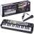 Black 37-key electronic keyboard with microphone, speakers, and buttons for playing music, ideal for kids