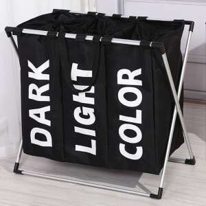 Koš na bielizeň s 3 priehradkami, s čiernou látkou a strieborným rámom, štítky tmavý, svetlý, farba - Nádoby na špinavú bielizeň