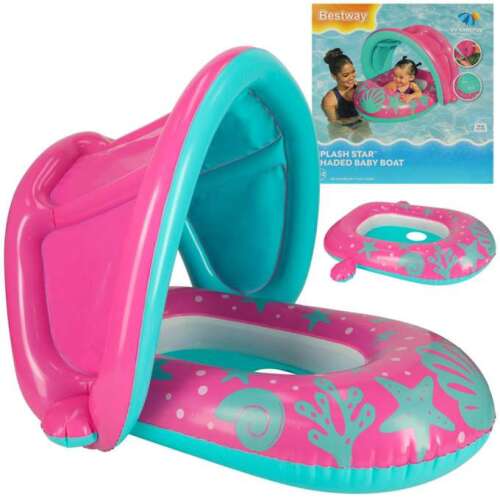 Bestway Splash Star Shaded Baby Boat with the canopy open, pink and blue with a seashell design