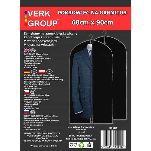 Öltönyhuzat 60cm x 90cm cipzárral, fekete, Verk Group