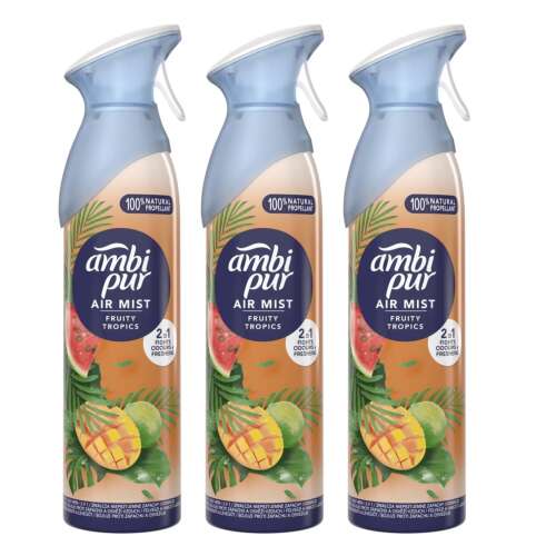 3-pack Ambi Pur Air Mist Fruity Tropics osvježivač zraka u spreju, 185ml svaki, 100% prirodni potiskivač, uklanja neugodne mirise, osvježava zrak, tropski voćni miris