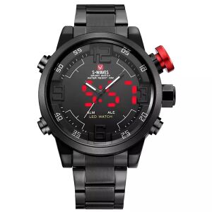 MBrands S-Waves dual display men's watch with stainless steel band, black dial with red digital display - Men's Watch