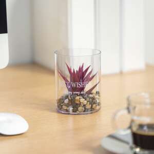 Bewello műnövény üveg vázában kövekkel, piros színben, 'Best Wishes, Happy Every Day' felirattal - Bewello