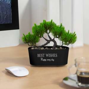 Bewello műbonsai fa, 20 x 9 cm, zöld, fekete 'Best Wishes' feliratú cserépben - Bewello