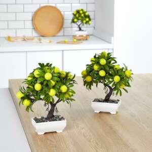 Bewello műcitromfa bonsai, 18 x 24 cm, lakásdekoráció, műnövény, valósághű, zöld levelek, sárga citromok, fehér cserép, 2 db-os szett - Bewello