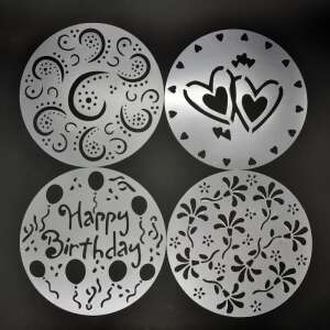 Cake decorating stencils, 4 pack, happy birthday, hearts, swirls, flowers - Pastry decorating tool