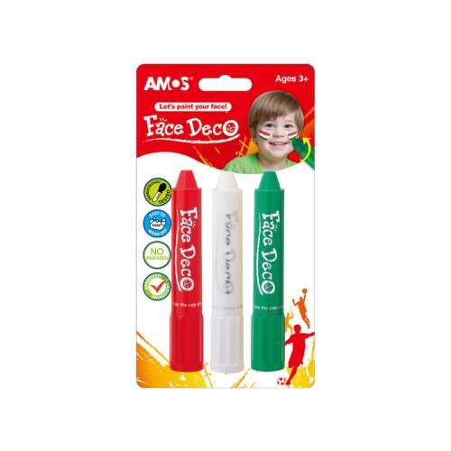 AMOS Face Deco ceruzky na maľovanie tváre, červená, biela, zelená, 3 kusy