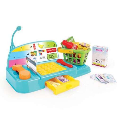Fisher-Price Junior Cashier toy cash register, blue and yellow, with play money, credit cards, and shopping basket