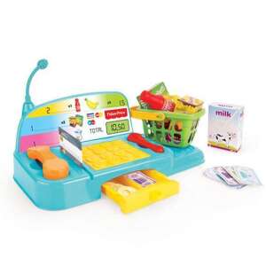 Fisher-Price Junior Kasa zabawka, niebieska i żółta, z zabawkowymi pieniędzmi, kartami kredytowymi i koszykiem na zakupy - Fisher Price Gra rozwojowa dla niemowląt