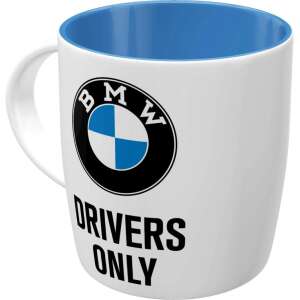 BMW Drivers Only Mug, white ceramic mug with blue rim, BMW logo and Drivers Only text - Serving