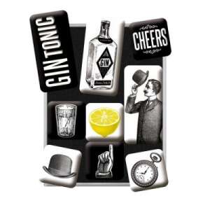Gin Tonic mágnes szett, 9 darabos vintage stílusú mágnesek, tökéletes a hűtődre vagy mágneses tábládra - Hűtőmágnes