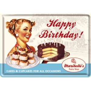 Retro Happy Birthday greeting card with a woman holding a cake and cupcakes - Greeting Card, Invitation