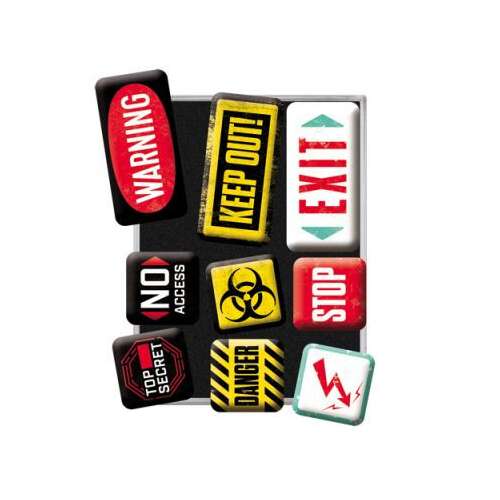 9 darabos retró figyelmeztető mágnes szett, beleértve a 'Figyelmeztetés', 'Tiltott terület', 'Kijárat', 'Hozzáférés tilos', 'Veszély', 'Megállás', 'Titkos', 'Biológiai veszély' és 'Nagyfeszültség' táblákat
