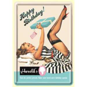 Retro Happy Birthday greeting card featuring a pin-up girl holding a gift box, designed by Harold's - Greeting Card, Invitation
