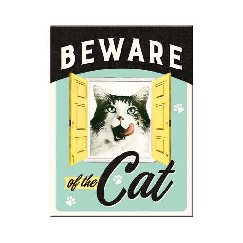 RETRO Beware Of The Cat hűtőmágnes, vicces macskás képpel