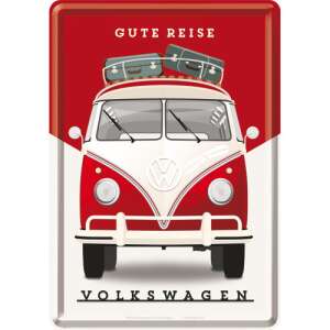 Retro VW Bulli T1 greeting card with a red and white Volkswagen bus with luggage on top, saying "Gute Reise" in German - Greeting Card, Invitation