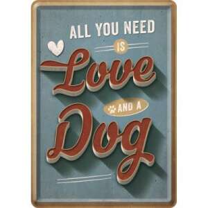 Retro metal sign with the text 'All you need is Love and a Dog' in red letters on a blue background - Greeting Card, Invitation