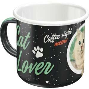 Cat Lover Fekete Fém Bögre, 0,36L, Coffee right meow, macska mintával - Cat