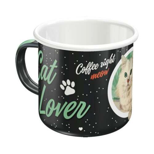 Cat Lover Fekete Fém Bögre, 0,36L, Coffee right meow, macska mintával