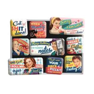 Retro Office Fun mágnes szett, 9 vicces mondattal ellátott mágnes, mint például "Get Shit Done!" és "Office Queen" átlátszó tárolóban - Hűtőmágnes