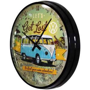 VW Bulli Let's Get Lost Falióra, vintage design, quartz szerkezet, csiszolt fém, 31 cm átmérő - Nostalgic-Art