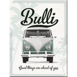 RETRO Volkswagen Bulli magnet na chladničku, zelený a biely VW bus s palmami a textom 'Good things are ahead of you' - Magnety na chladničku