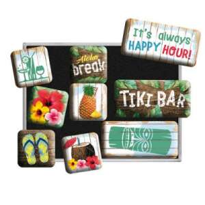 9 darabos Tiki Bar témájú hűtőmágnes szett, trópusi mintákkal, mint például ananász, virágok és koktélok, tökéletes a konyhához egy kis vidámság hozzáadásához - Hűtőmágnes