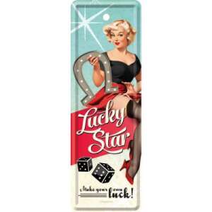Retro Lucky Star bookmark with a pin-up girl design, horseshoe, dice, and the text 'Make your own luck!' - Bookmark