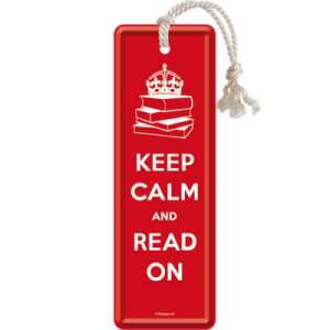 Keep Calm And Carry On bookmark, red metal bookmark with white text and crown, book stack illustration - Bookmark