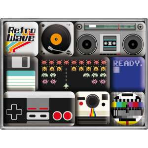Retro Wave Media mágnes szett 9 darab retro témájú mágnessel, köztük lemezjátszó, boombox, floppy lemez, videojáték, fényképezőgép és még sok más - Hűtőmágnes