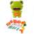Zöld béka formájú játékkonyha kiegészítőkkel, beleértve a fazékokat, serpenyőket, evőeszközöket és ételeket, mind hátizsákba csomagolva