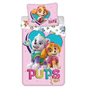 Set de lenjerie de pat Paw Patrol Pups Rule, cu Skye și Everest, design cu inimă roz și albastră - Mancs Őrjárat