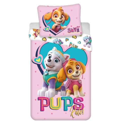 Paw Patrol Pups Rule bedding set, featuring Skye and Everest, pink and blue heart design